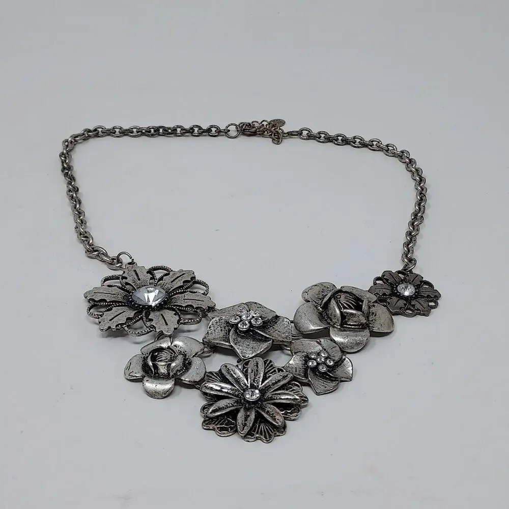Vintage Cookie Lee Flower Statement Necklace Aged Silver Tone Rhinestones Signed